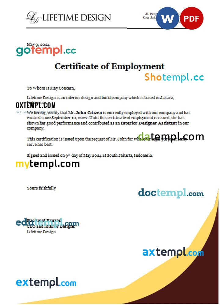 Indonesia Lifetime Design certificate of employment Word and PDF download template