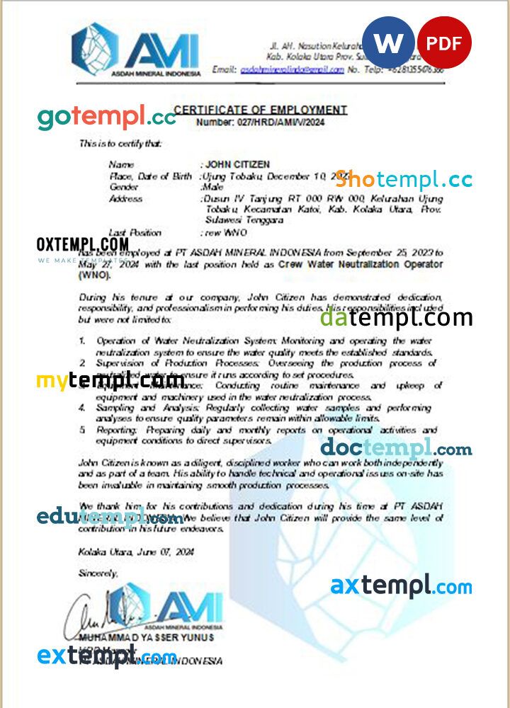 Indonesia PT Asdah Mineral certificate of employment Word and PDF download template