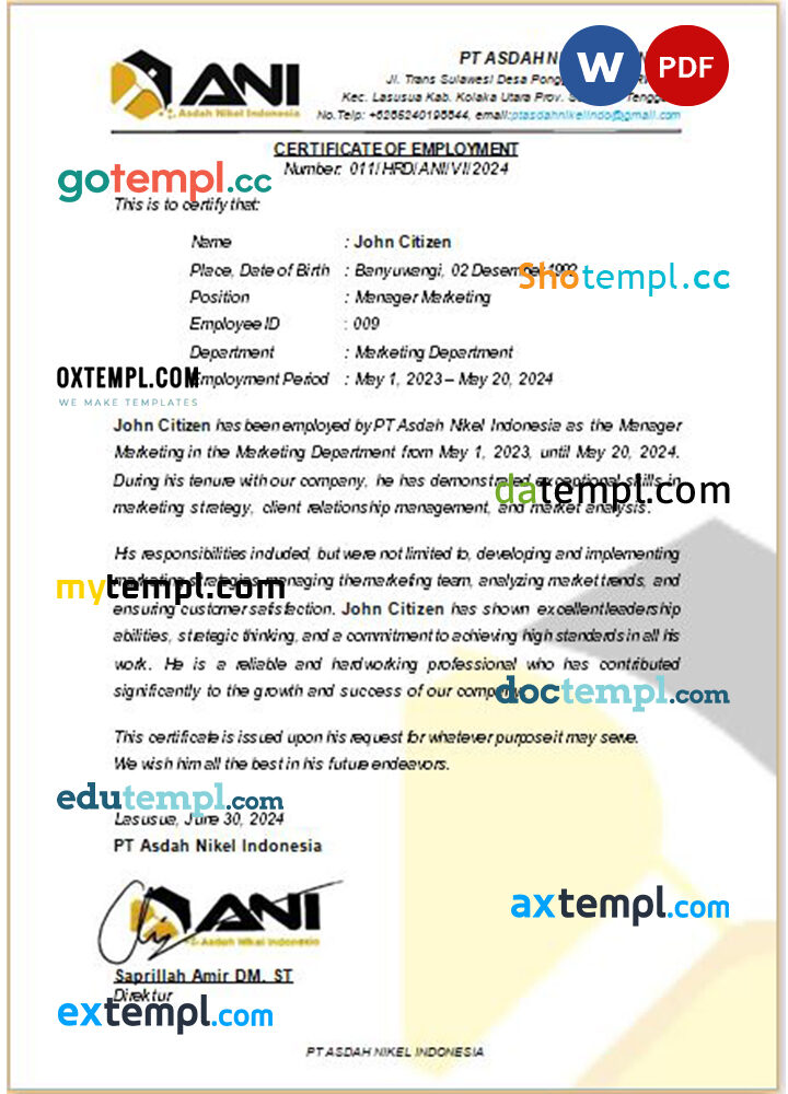 Indonesia PT Asdah Nikel certificate of employment Word and PDF download template