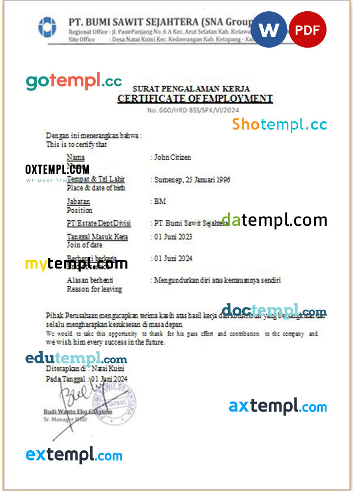 Indonesia PT Bumi Sawit Sejahtera certificate of employment Word and PDF download template