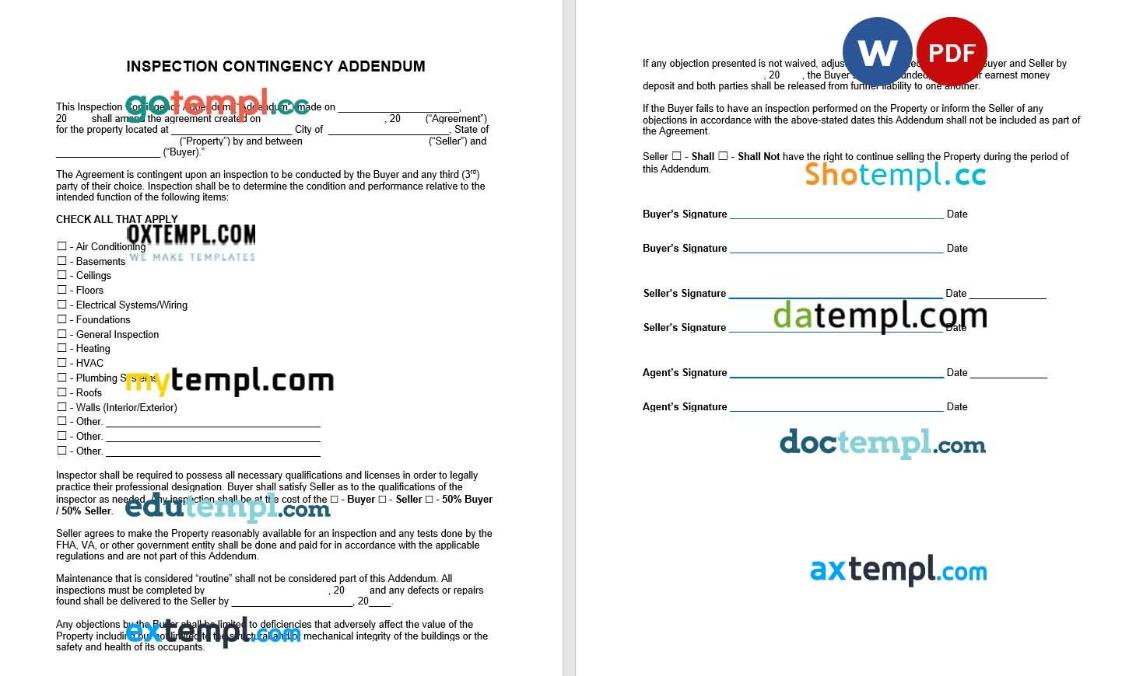 Inspection Contingency Addendum to Purchase Agreement Word example