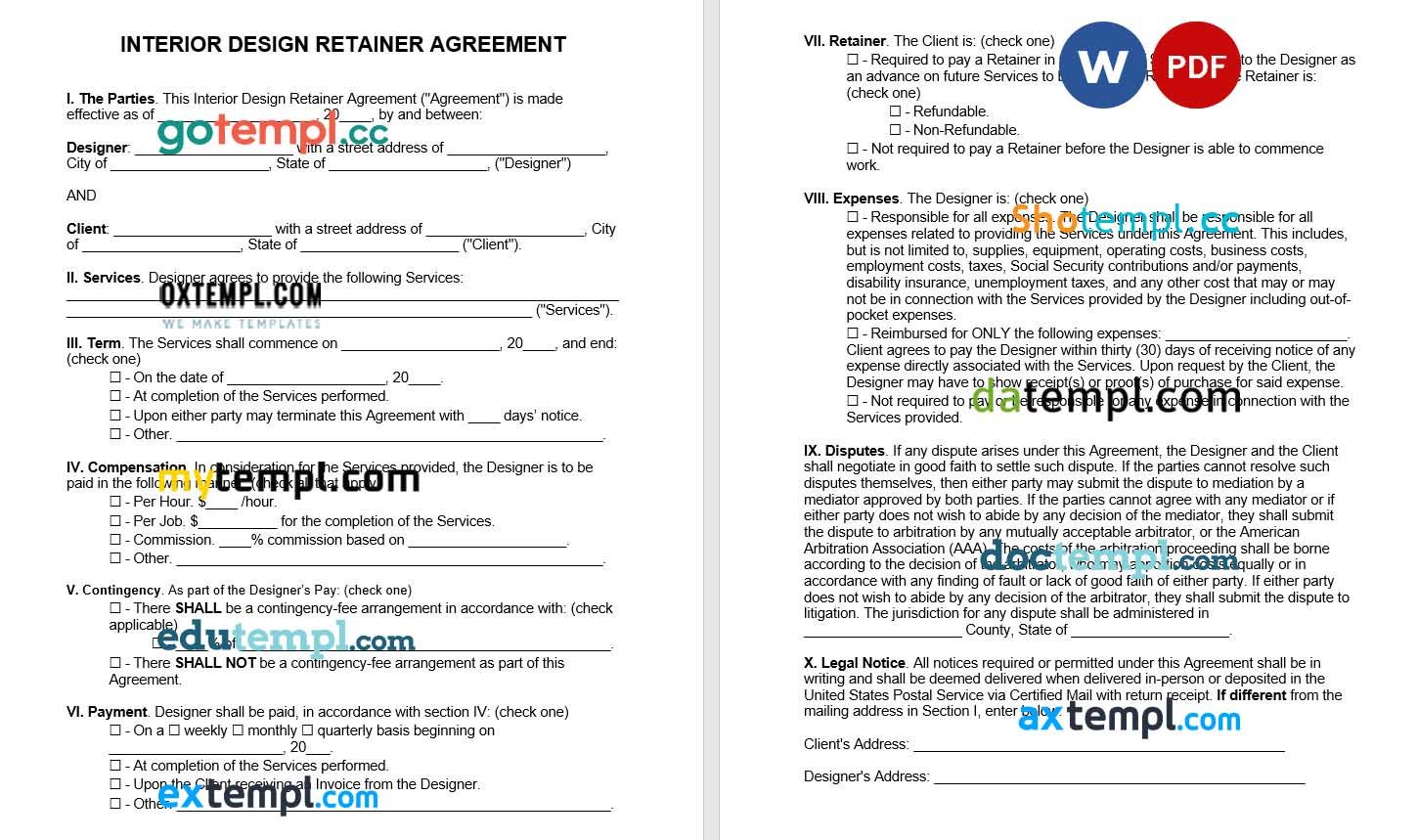 Interior Design Retainer Agreement Word example, fully editable