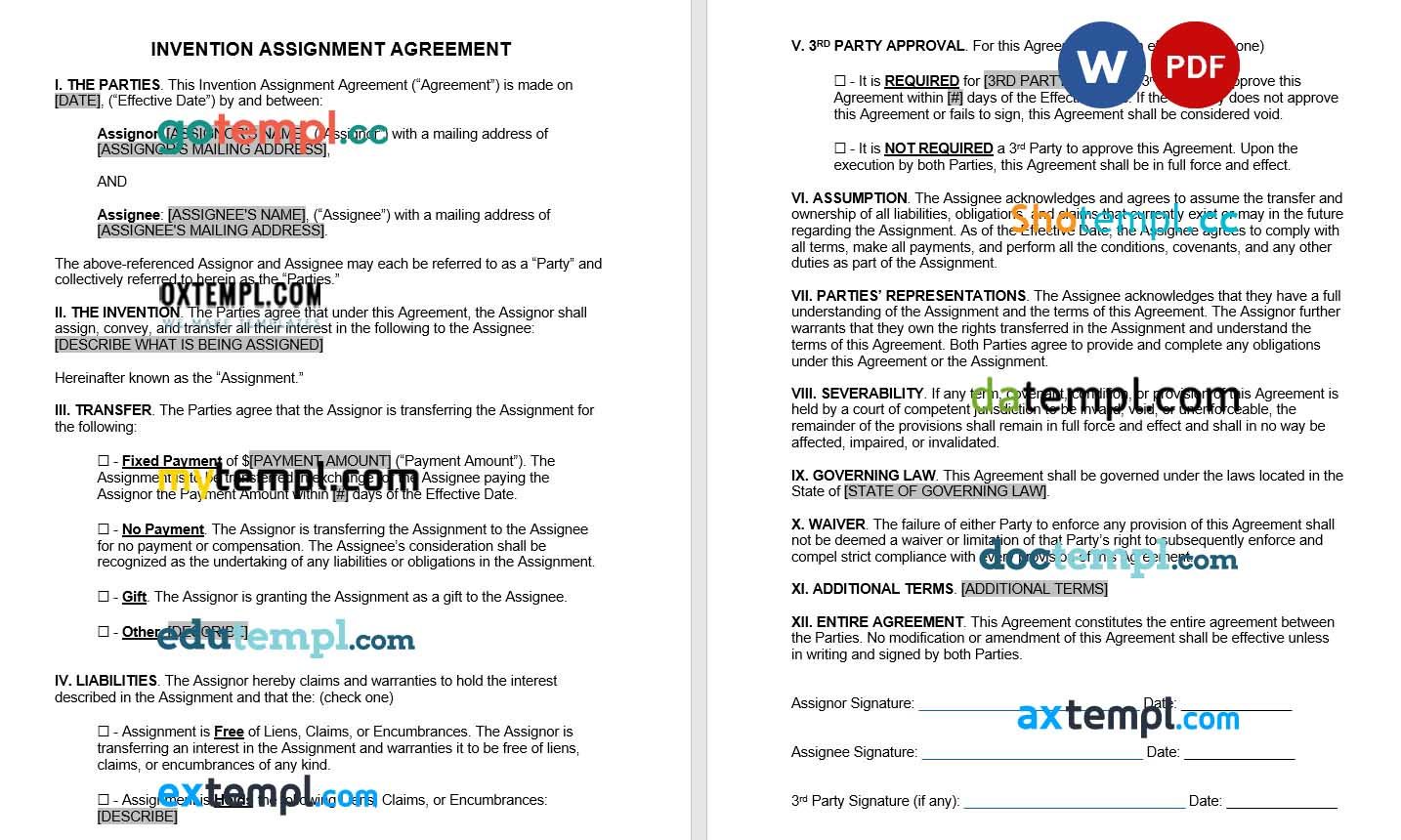 Invention Assignment Agreement word example, fully editable