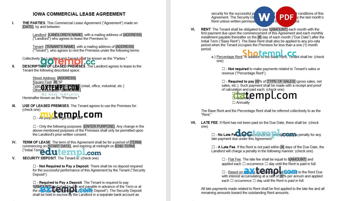 Iowa Commercial Lease Agreement Word example, fully editable