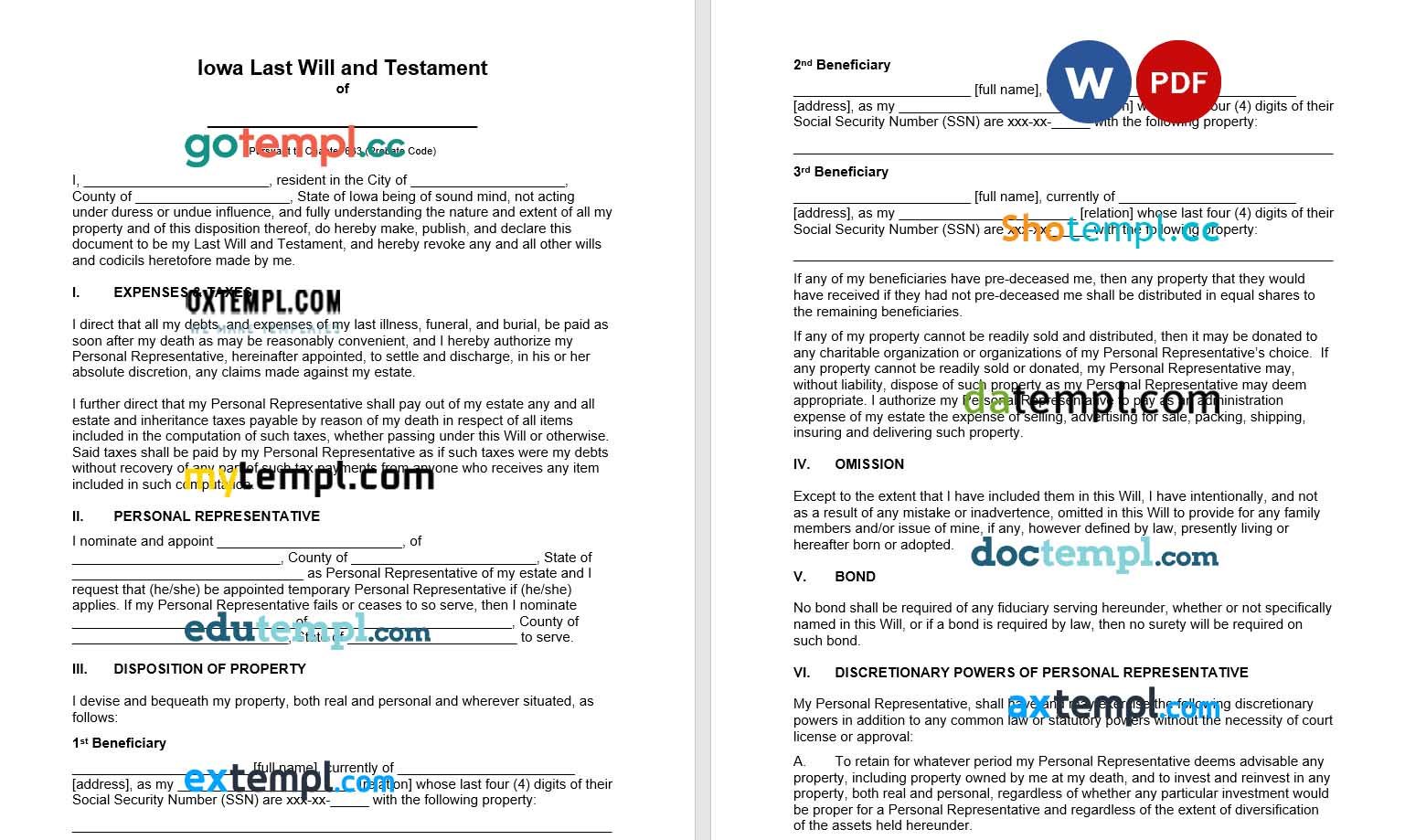 Iowa Last Will and Testament example, fully editable