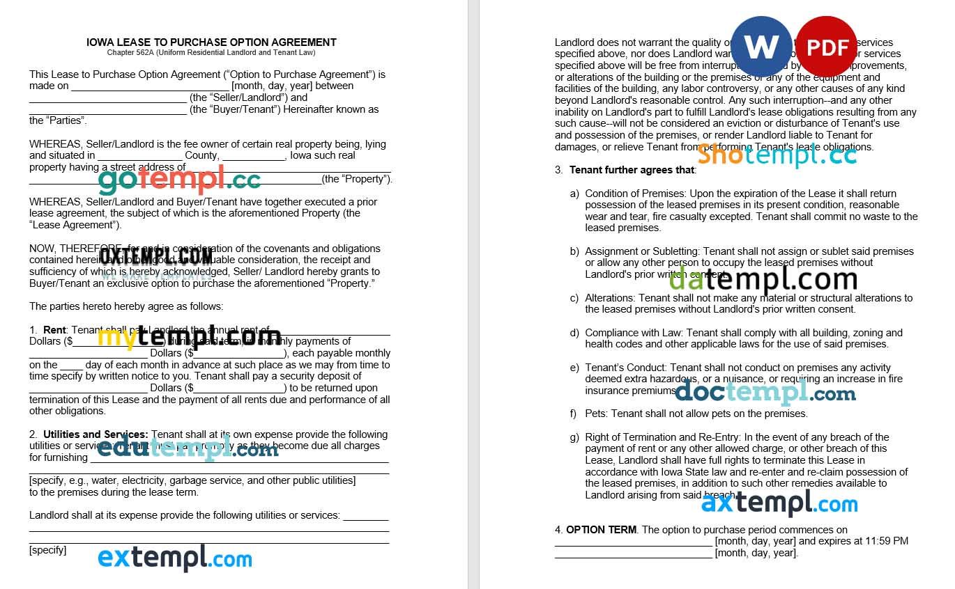 Iowa Lease to Own Option to Purchase Agreement Word example, fully editable