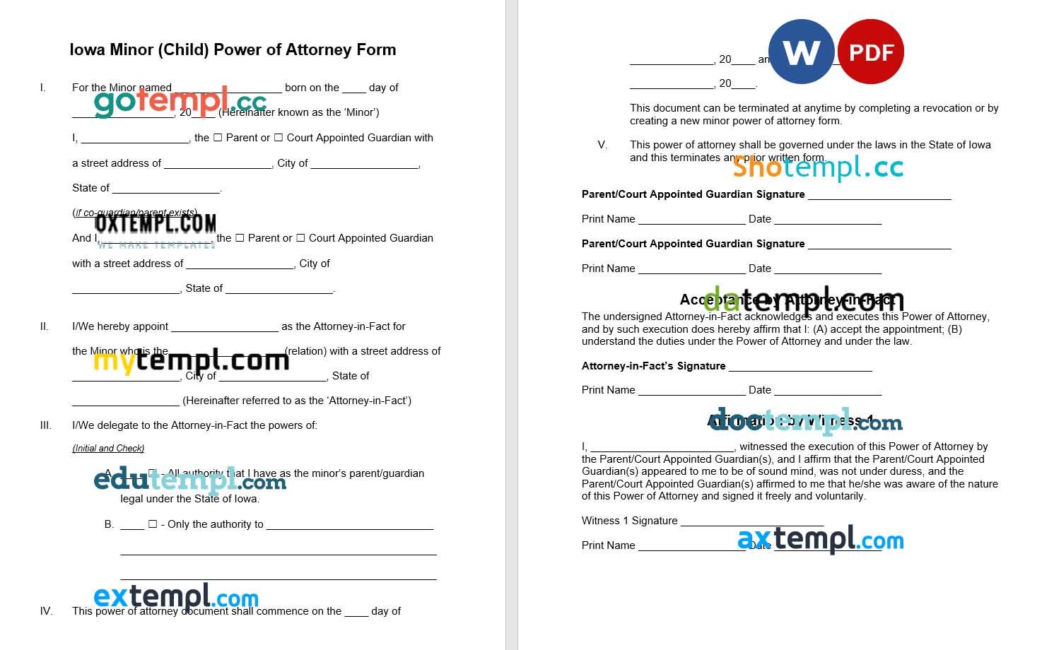 Iowa Minor Child Parental Power of Attorney example, fully editable