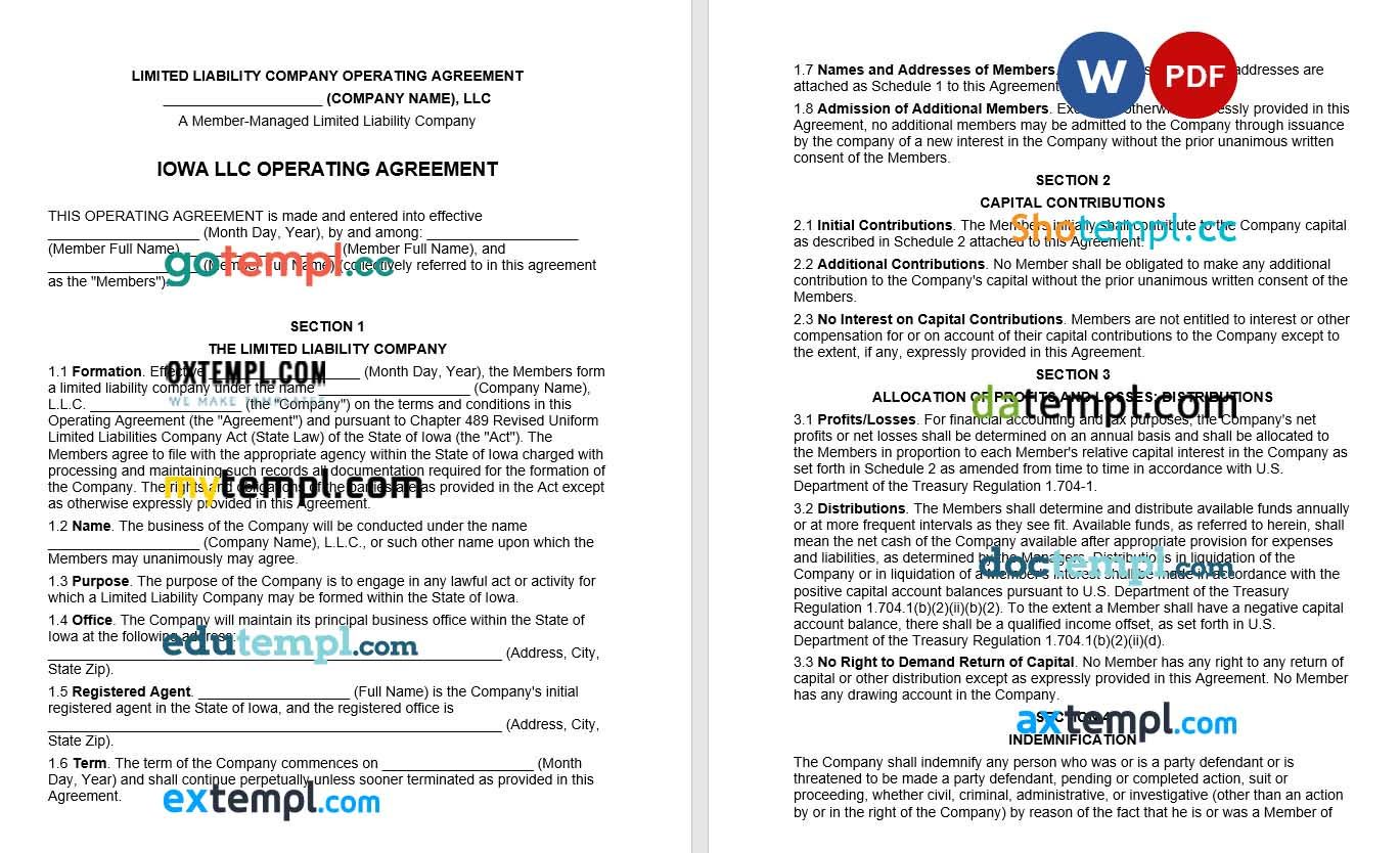 Iowa Multi-Member LLC Operating Agreement Word example, fully editable