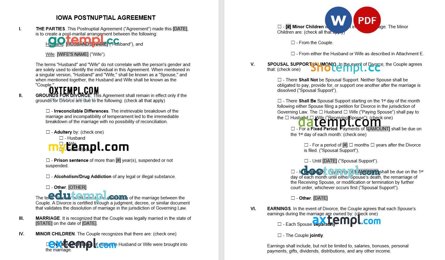 Iowa Postnuptial Agreement Word example, fully editable