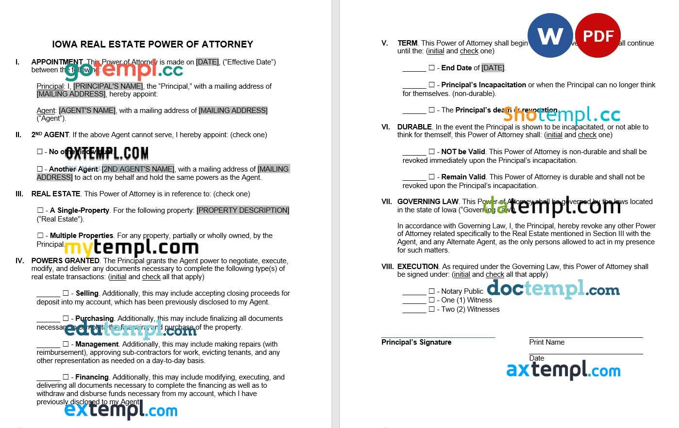 Iowa Real Estate Power of Attorney Form example, fully editable