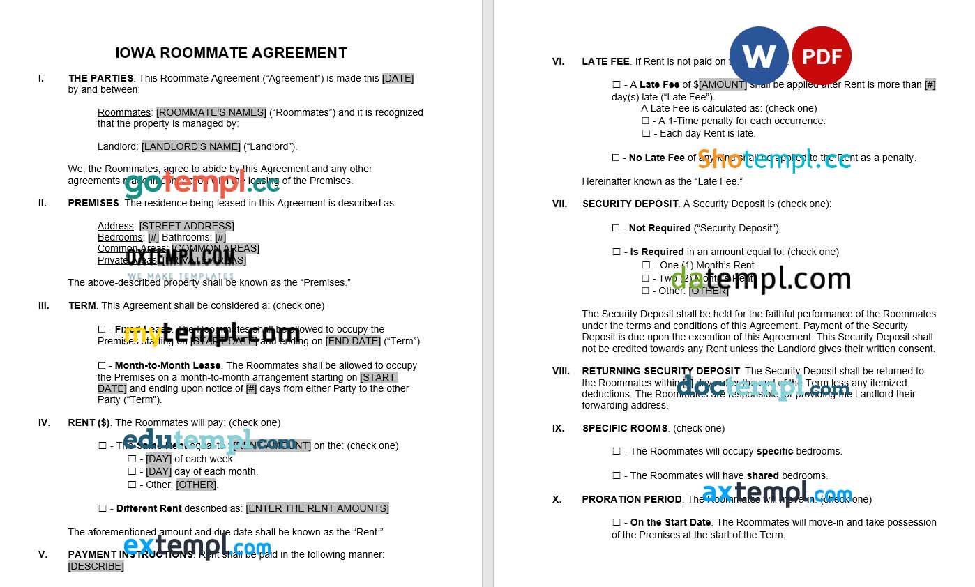 Iowa Roommate Agreement Word example, completely editable