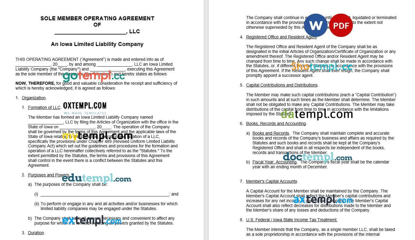 Iowa Single-Member LLC Operating Agreement Word example, fully editable