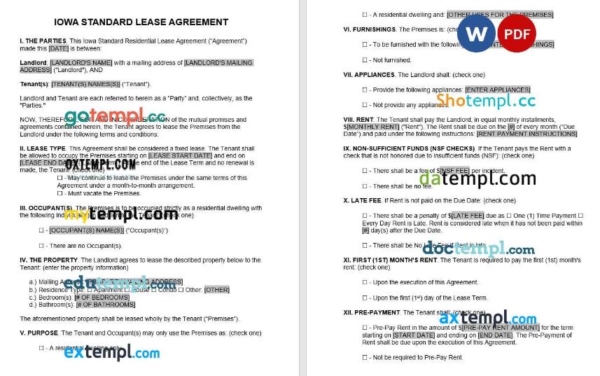 Iowa Standard Lease Agreement Word example, fully editable