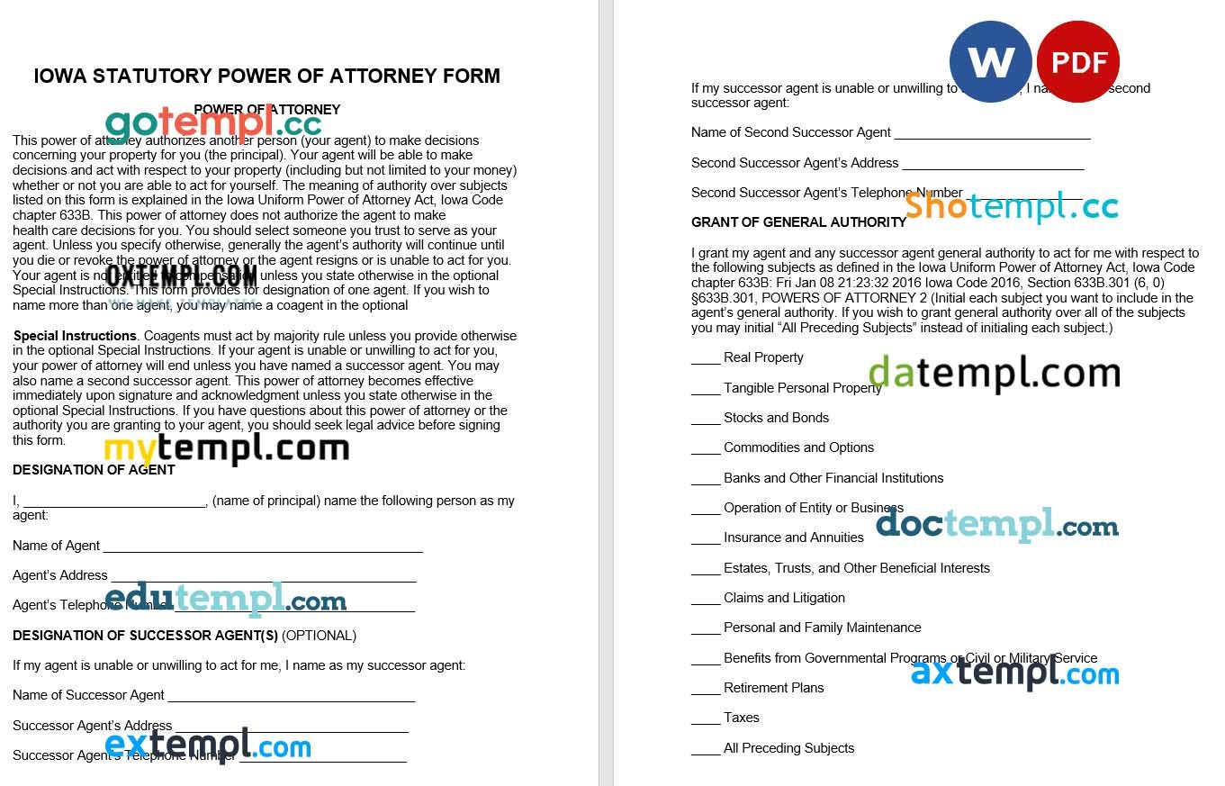 Iowa Statutory Durable Financial Power of Attorney Form example, fully editable