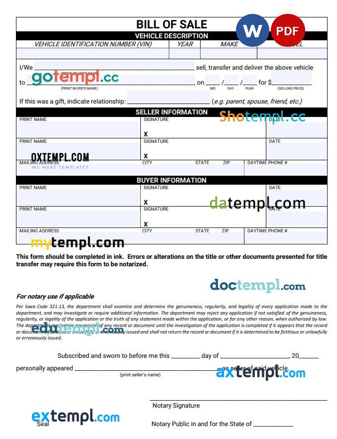 Iowa Vehicle Bill of Sale Form example, fully editable