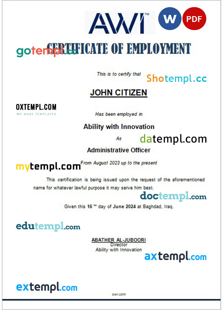 Iraq Ability with Innovation certificate of employment Word and PDF download template