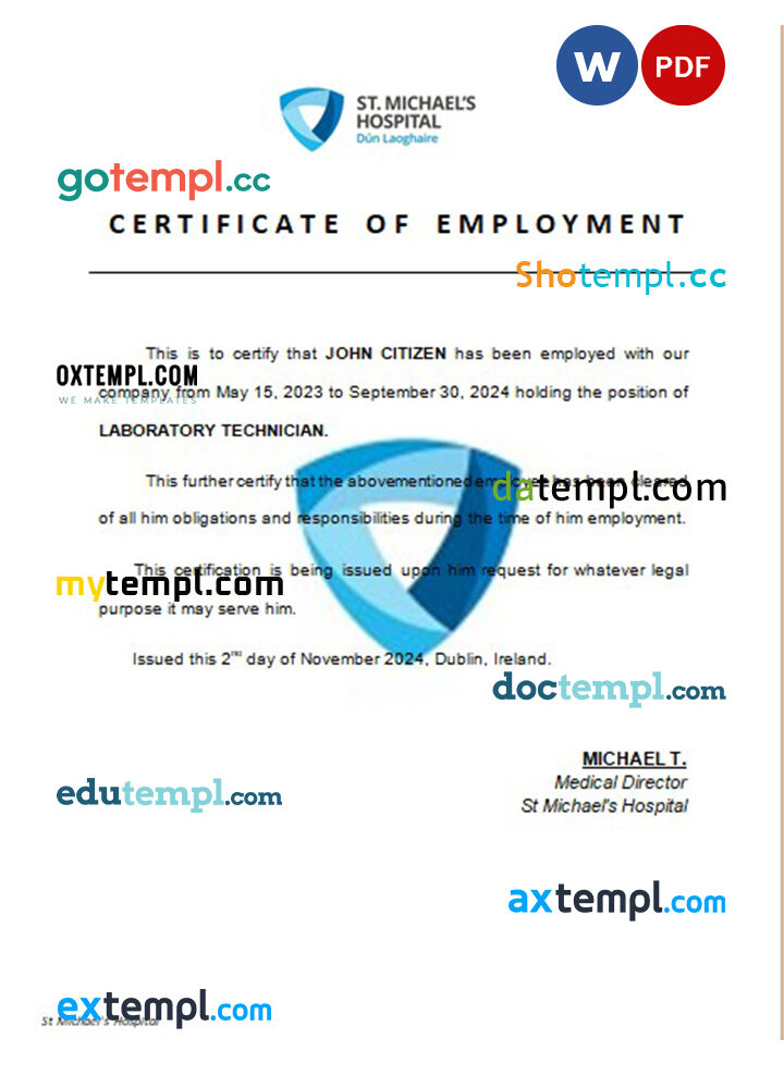 Ireland St. Michael's Hospital certificate of employment Word and PDF download template