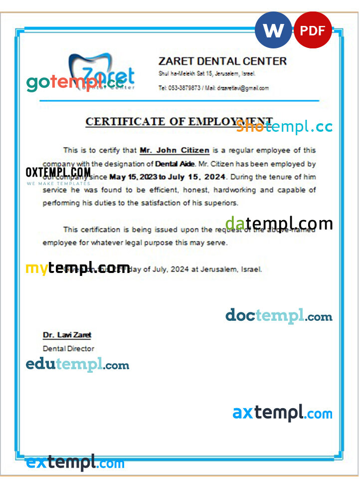 Israel Zaret Dental Center certificate of employment Word and PDF download template