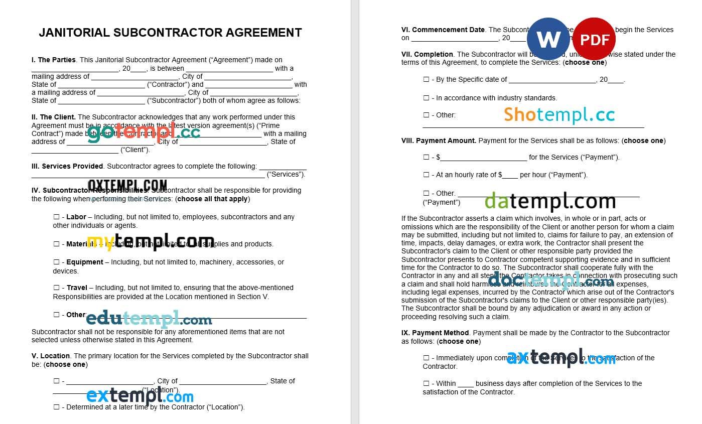 Janitorial Subcontractor Agreement Word example, fully editable