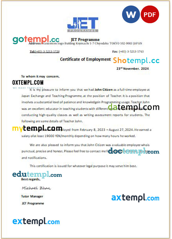 Japan Exchange and Teaching Programme certificate of employment Word and PDF download template