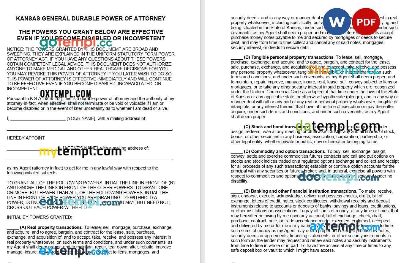 Kansas Durable Financial Power of Attorney Form 1 example, fully editable