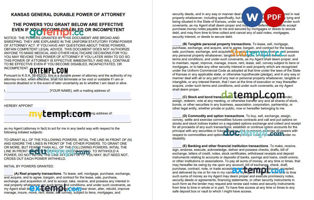 Kansas Durable Financial Power of Attorney Form 2 example, fully editable