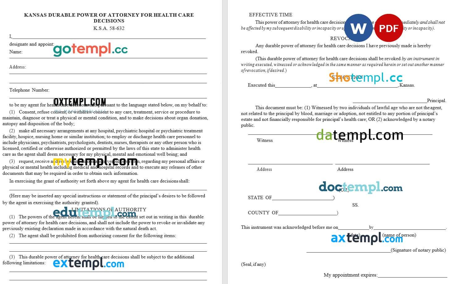Kansas Durable Ower of Attorney for Health Care Decisions example, fully editable