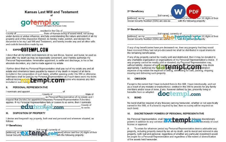 Kansas Last Will and Testament example, fully editable