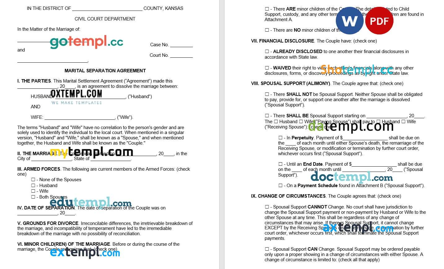 Kansas Marital Settlement Agreement Word example, completely editable