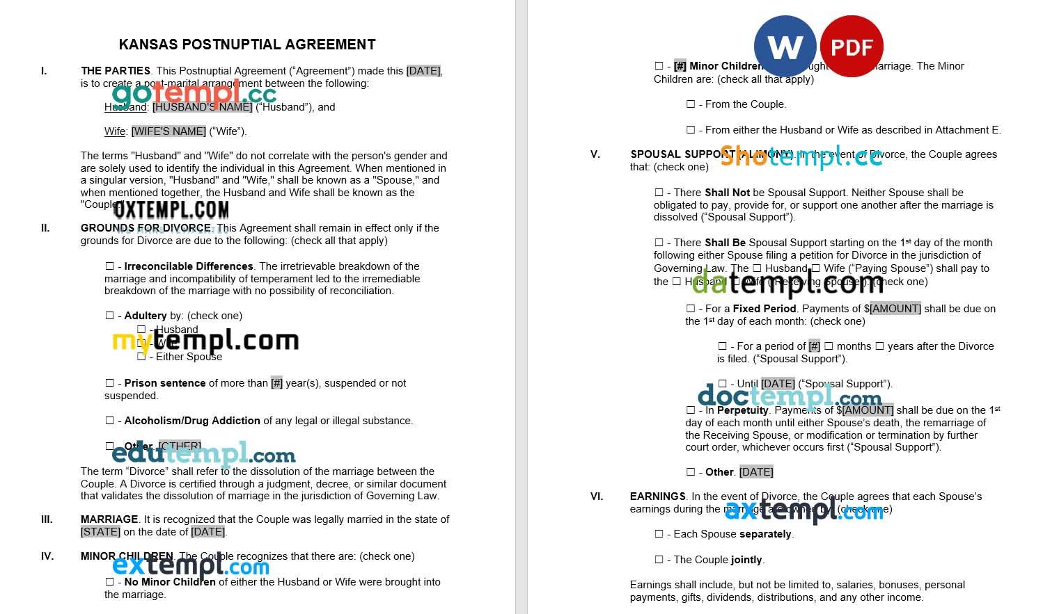 Kansas Postnuptial Agreement Word example, fully editable