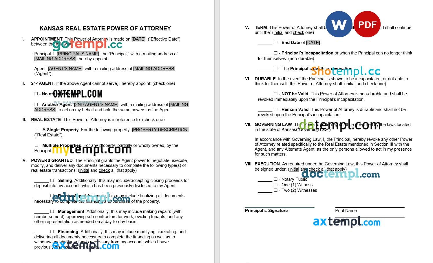 Kansas Real Estate Power of Attorney Form example, fully editable