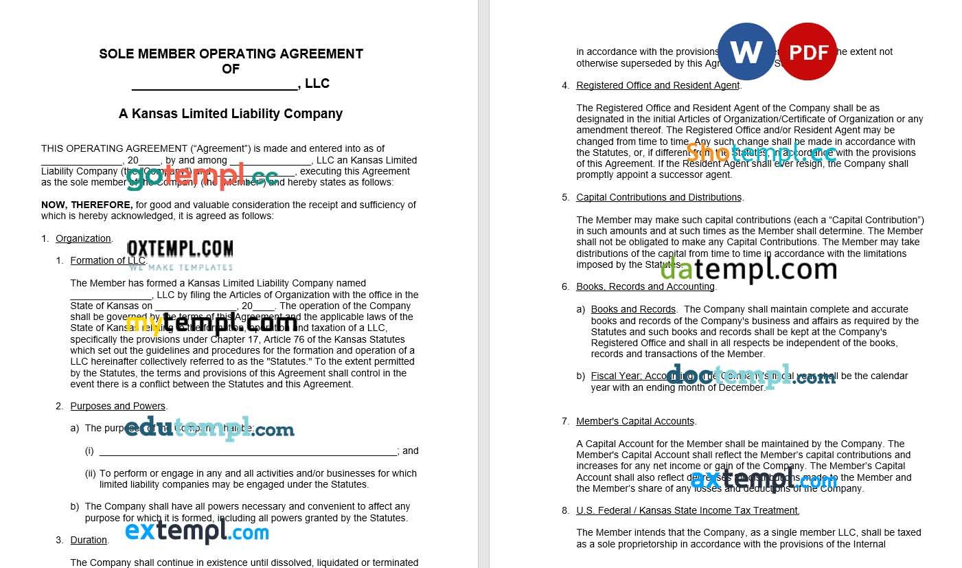 Kansas Single-Member LLC Operating Agreement Word example, fully editable