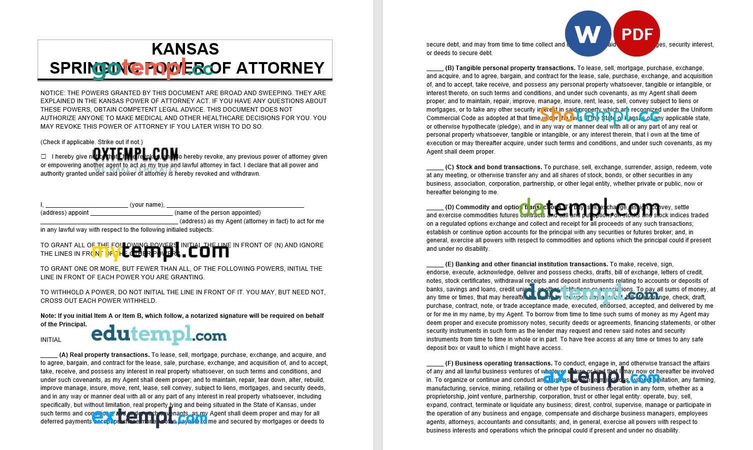 Kansas Springing Power of Attorney example, fully editable