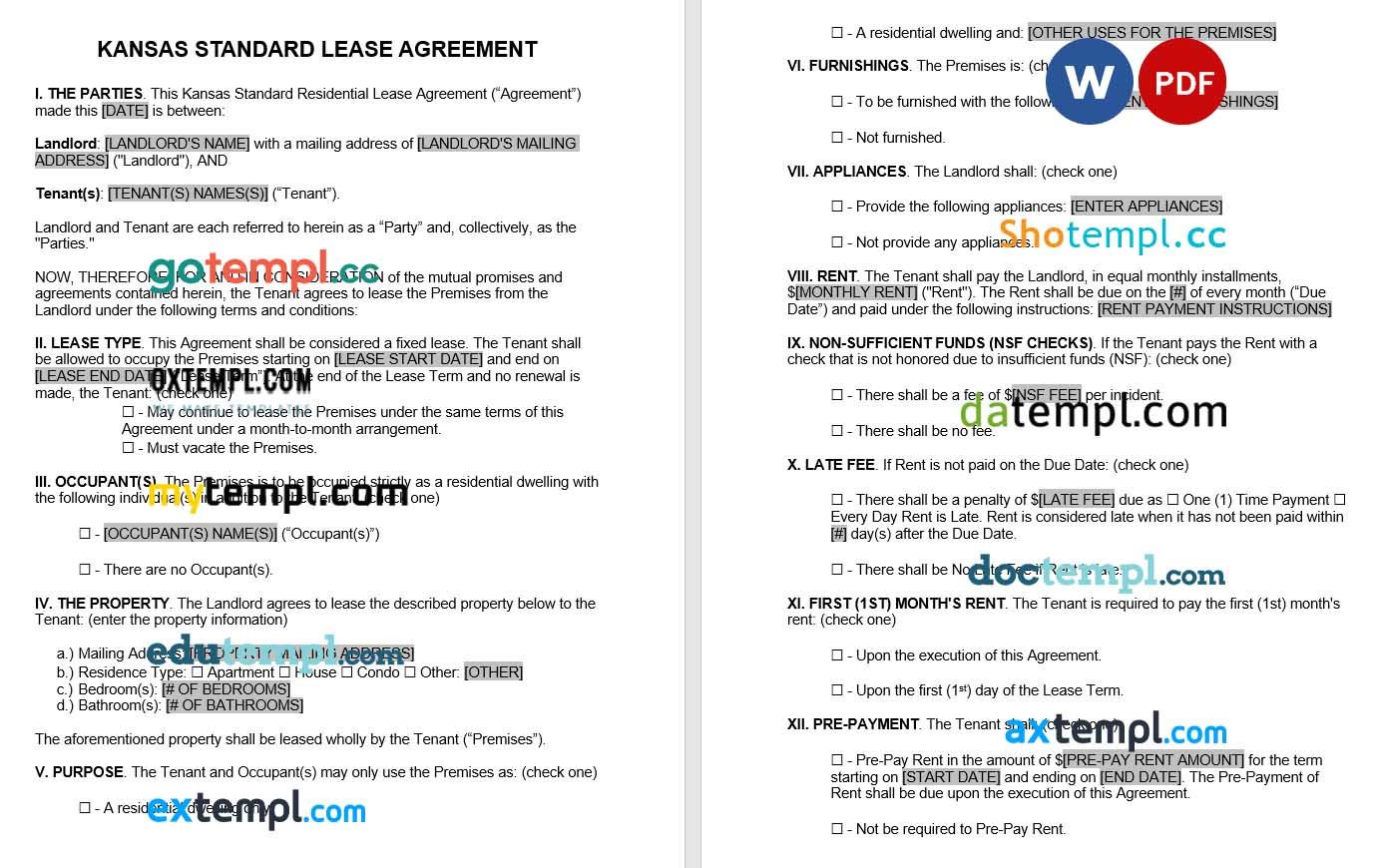 Kansas Standard Lease Agreement Word example, fully aditable