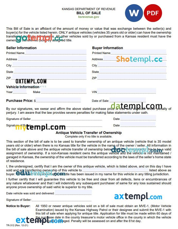 Kansas Vehicle Bill of Sale Form example, fully editable