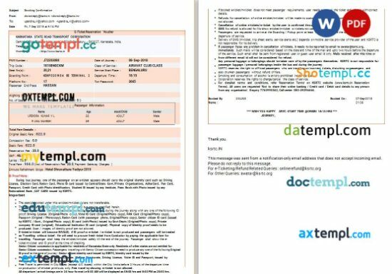 Karnataka State Road Transport Corporation bus e-ticket, Word and PDF download template, 2 pages