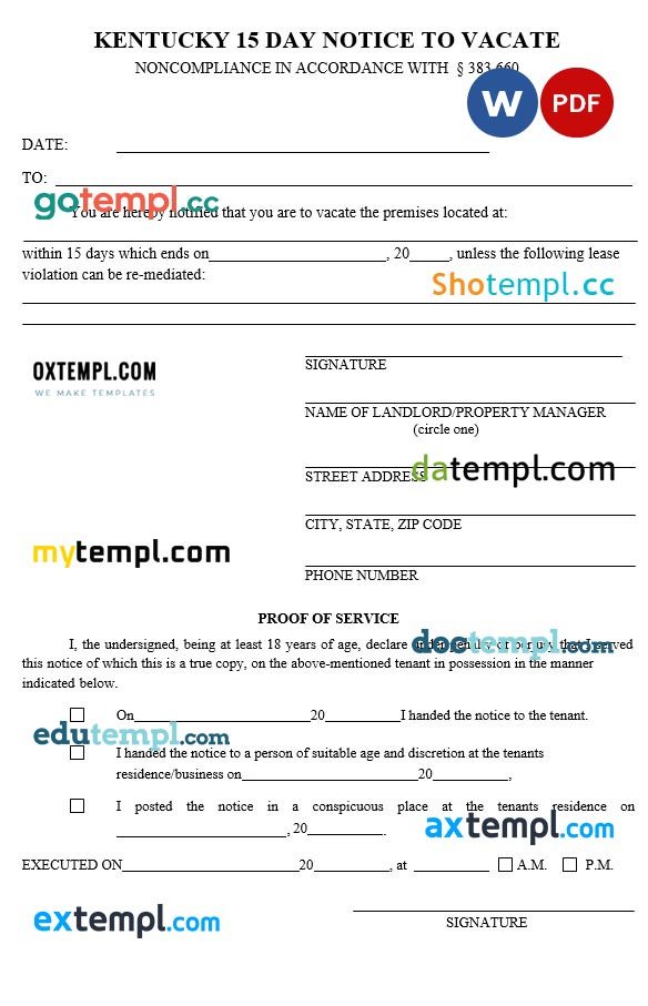 Kentucky 15-day Notice to Quit Form Noncompliance Word example, fully editable