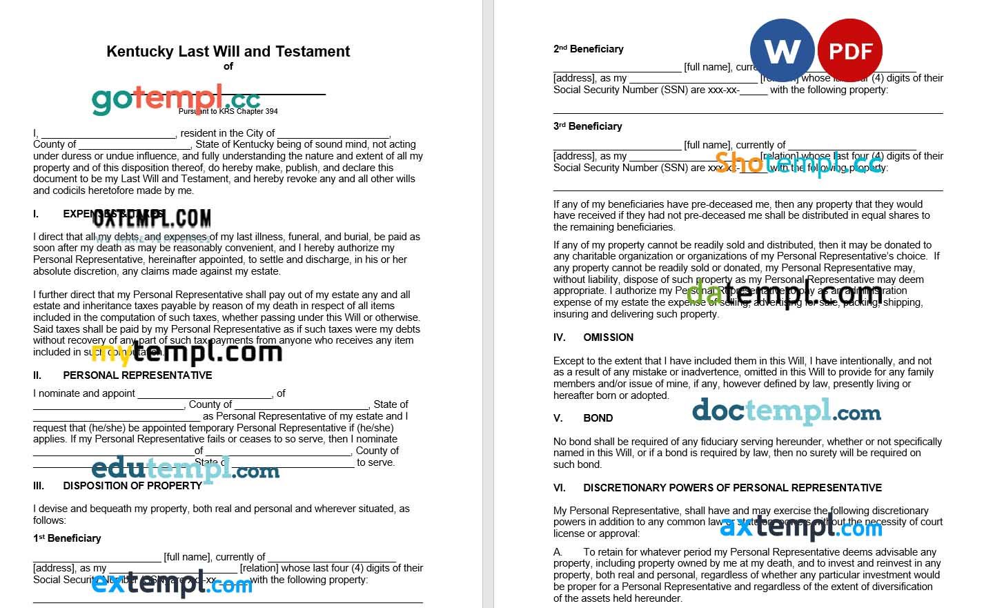 Kentucky Last will and Testamen example, fully editable