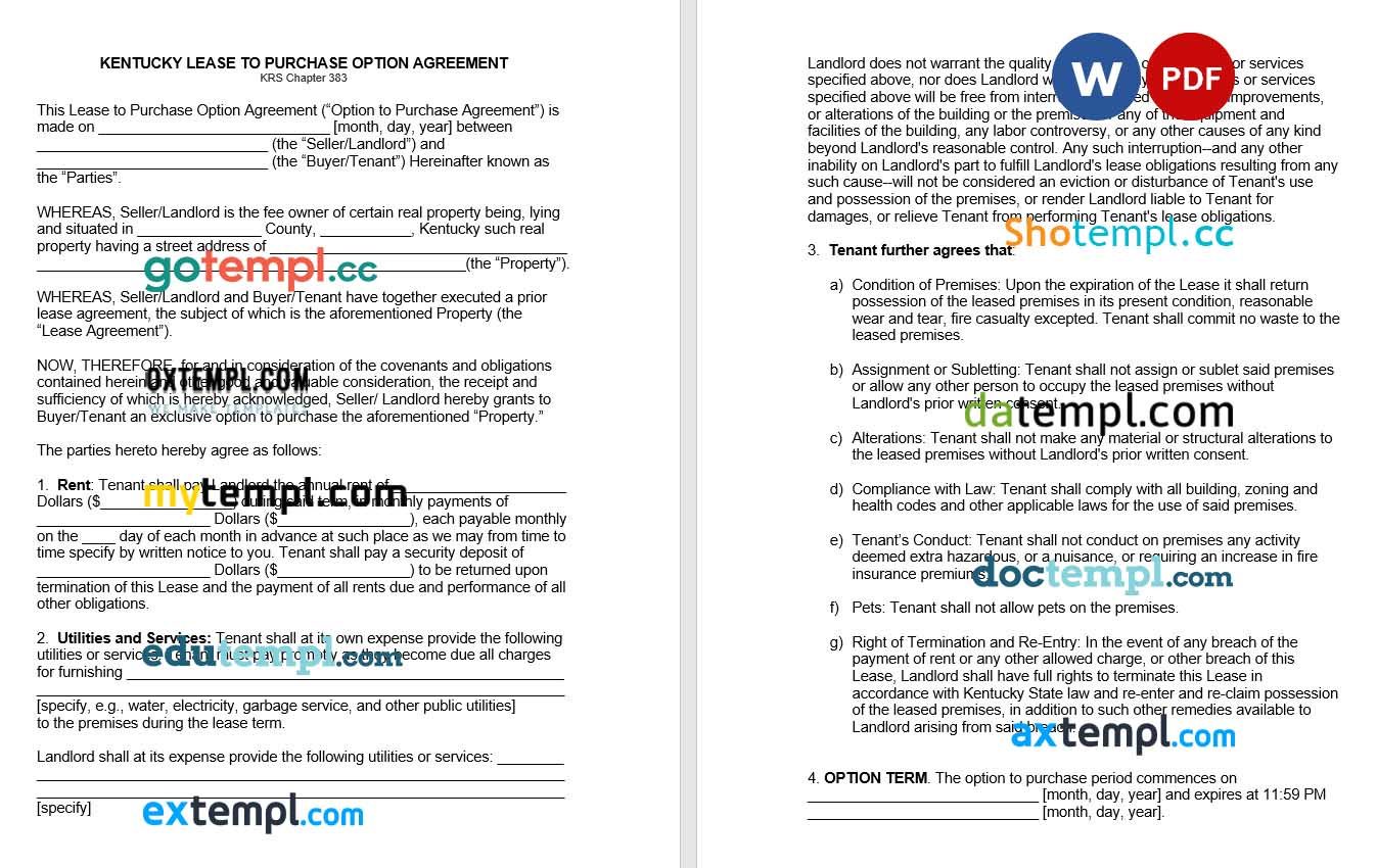 Kentucky Lease to Own Option to Purchase Agreement Word example
