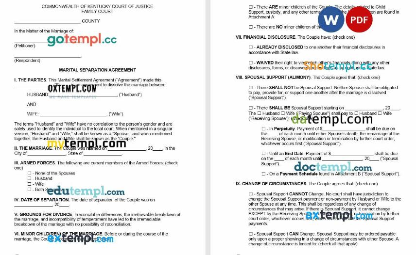 Kentucky Marital Settlement Agreement Word example, fully editable