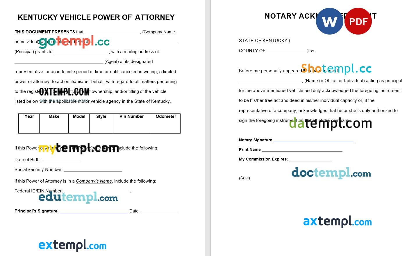 Kentucky Motor Vehicle Power of Attorney Form example, fully editable