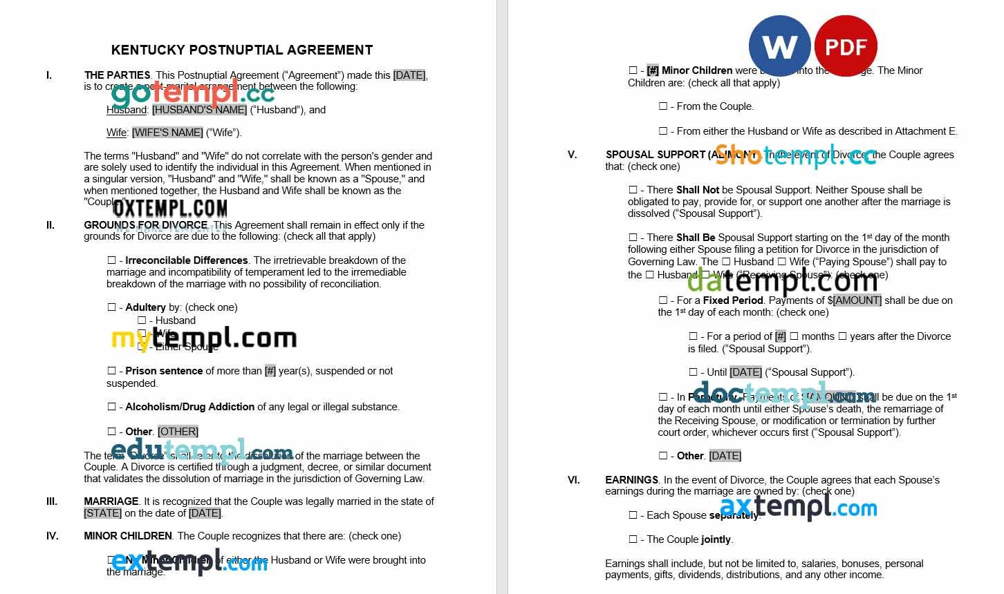 Kentucky Postnuptial Agreement Word example, fully editable