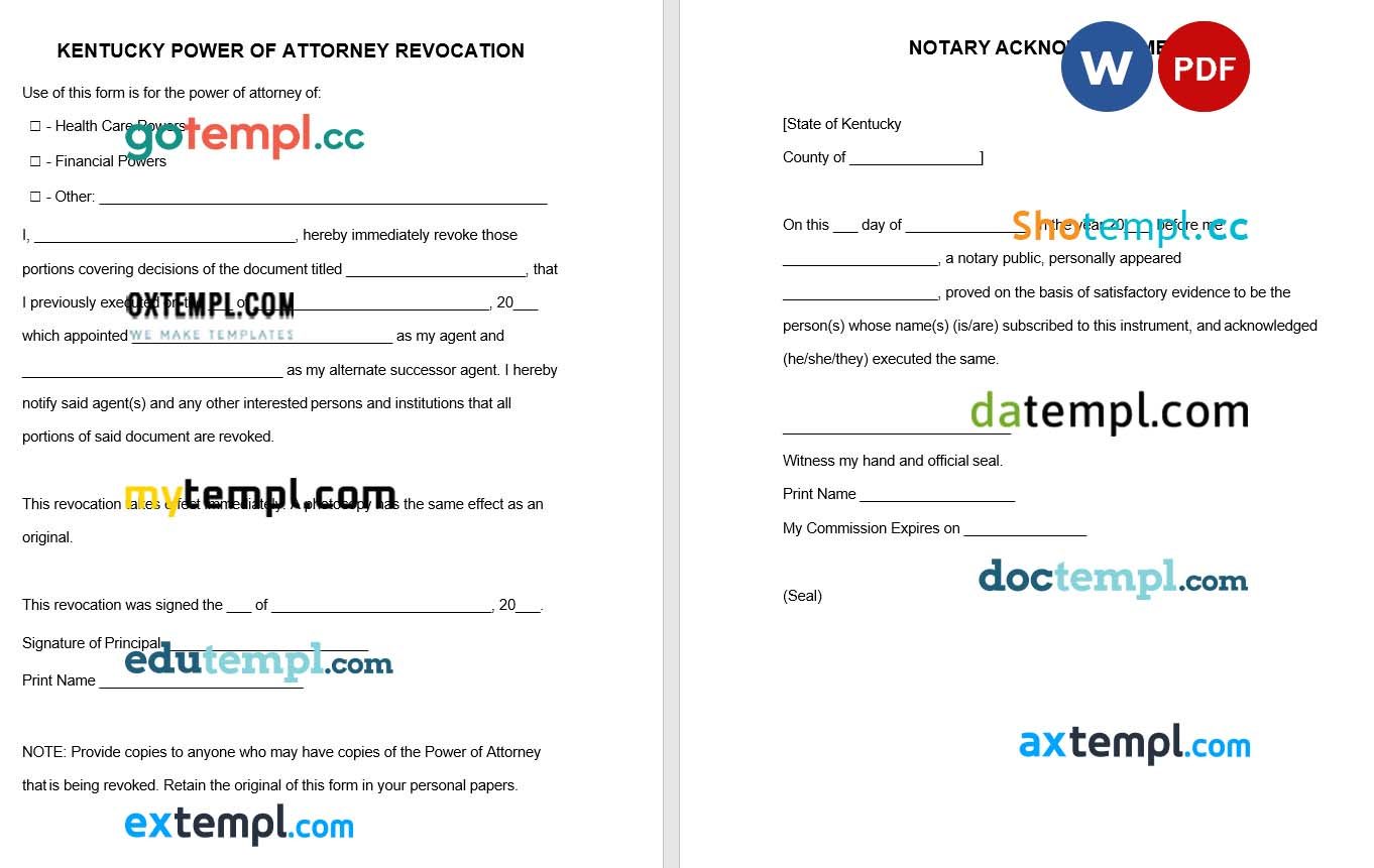 Kentucky Power of Attorney Revocation Form example, fully editable