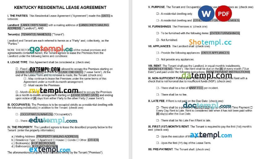 Kentucky Residential Lease Agreement Word example, fully editable