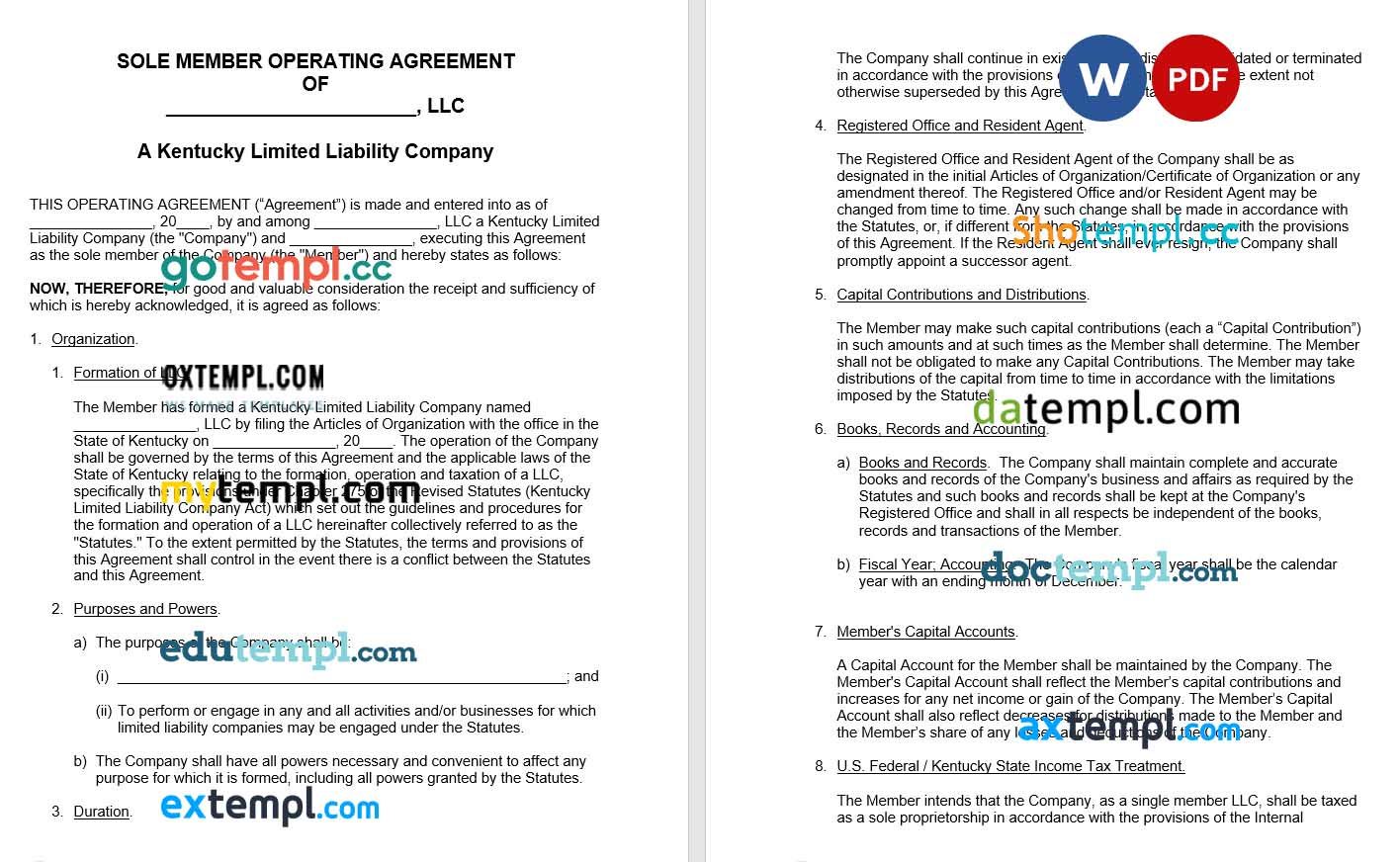 Kentucky Single-Member LLC Operating Agreement Word example, completely editable