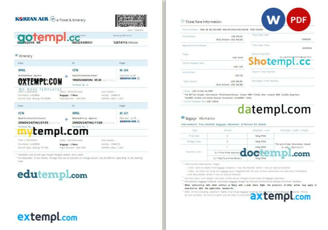 Korean Air airplane e-ticket, Word and PDF download template, 8 pages