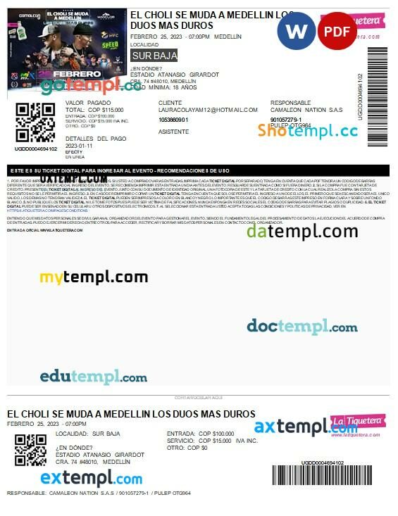 La Tiquetera event e-ticket, Word and PDF download template