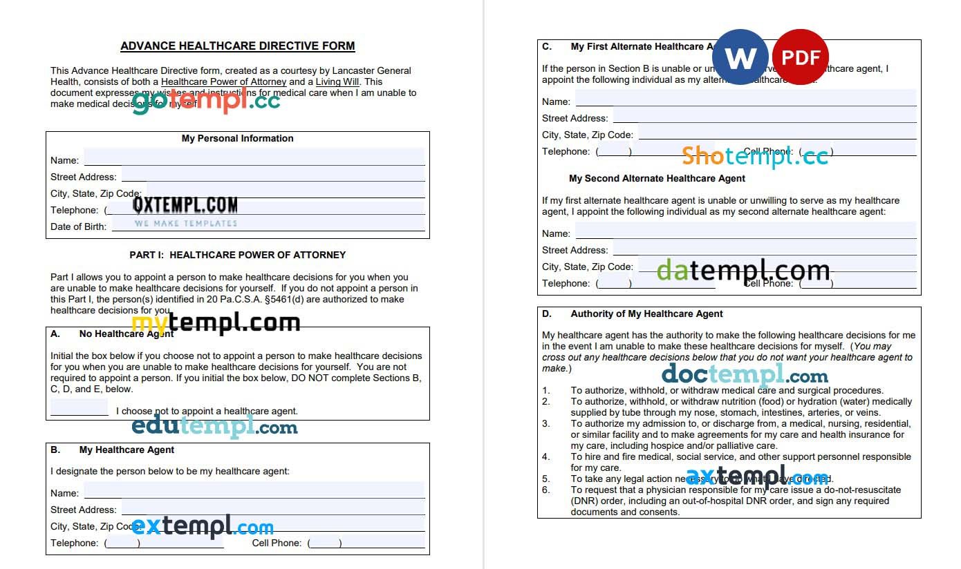 Lancaster General Health Pennsylvania Advance Directive example, fully editable