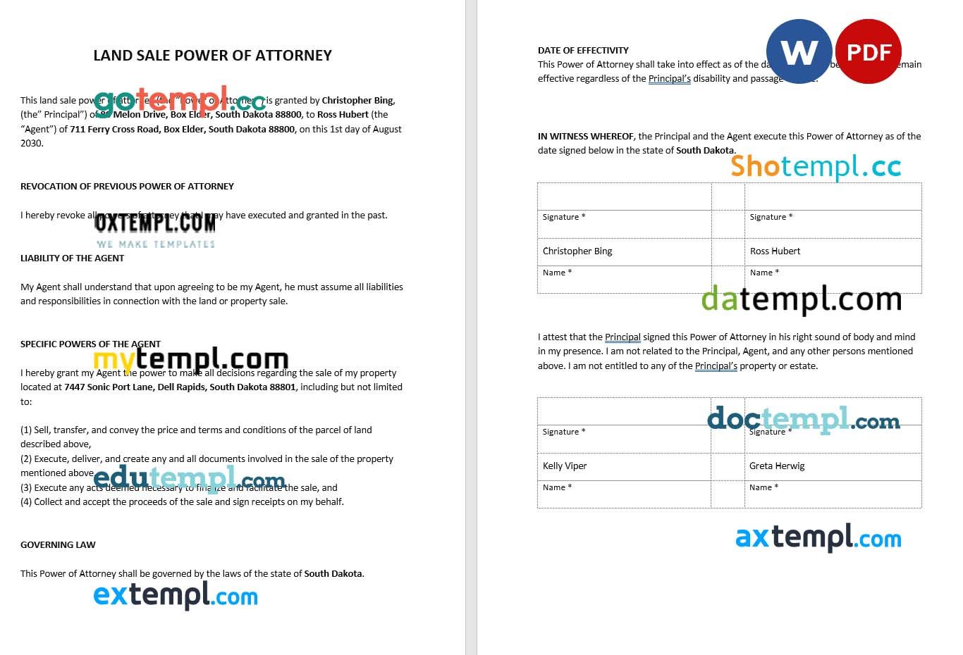 Land Sale Power of Attorney example, fully editable