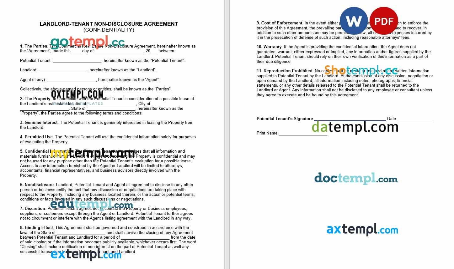 Landlord Tenant Confidentiality Agreement Word example, fully editable